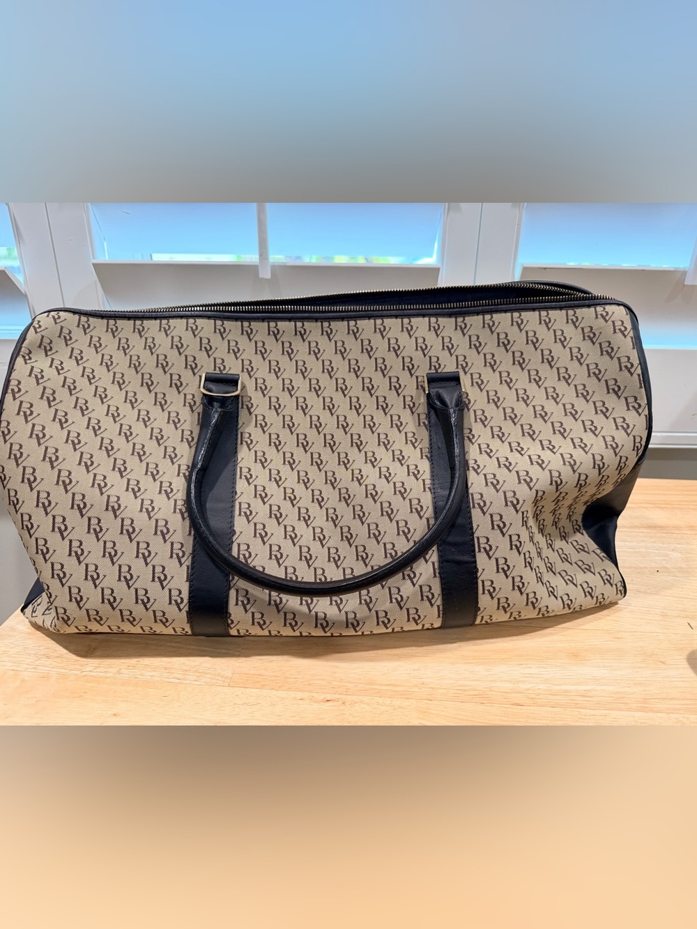 Vintage Bottega Veneta Monogram Canvas Travel Tote in Biege and Black
